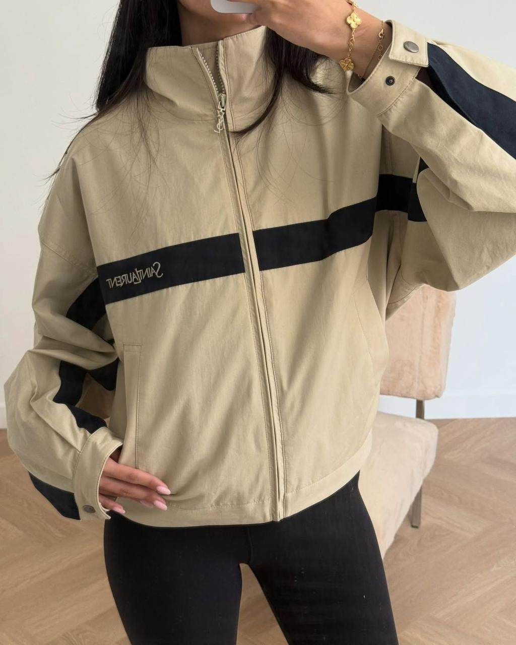 Saint laurent embroidered striped cotton jacket beige Saint laurent embroidered striped cotton jacket beige
