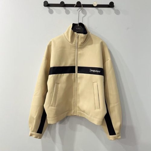 Saint laurent embroidered striped cotton jacket beige