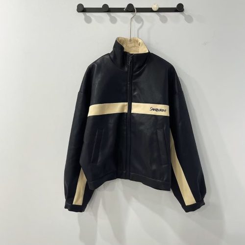 Saint laurent embroidered striped cotton jacket black