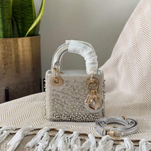 Silver Crystal-Beaded and Embroidered Miniature Handbag