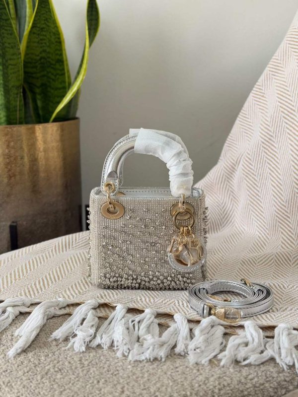 Silver Crystal-Beaded and Embroidered Miniature Handbag