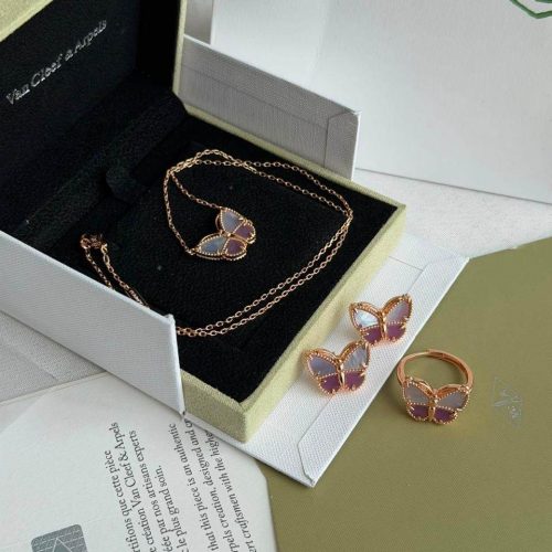 Van Cleef & Arpels Pink White Stone Sweet Alhambra Butterfly Rose Gold Jewelry Set