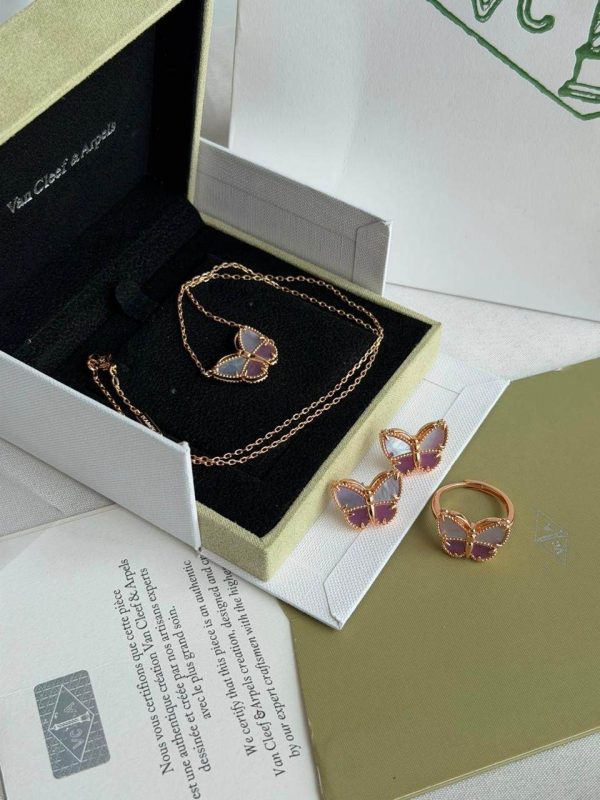 Van Cleef & Arpels Pink White Stone Sweet Alhambra Butterfly Rose Gold Jewelry Set