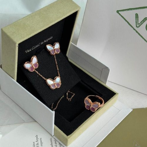 Van Cleef & Arpels Pink White Stone Sweet Alhambra Butterfly Rose Gold Jewelry Set