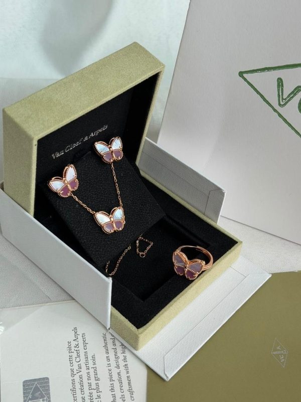 Van Cleef & Arpels Pink White Stone Sweet Alhambra Butterfly Rose Gold Jewelry Set