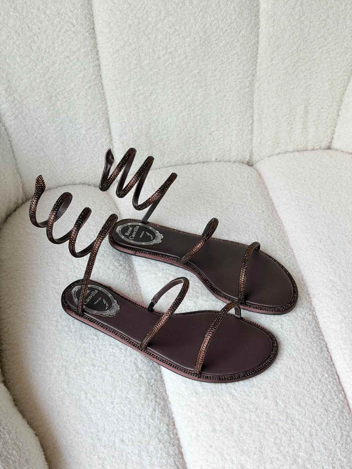 brown satin Ren Caovilla Cleo Flat Sandals brown satin Ren Caovilla Cleo Flat Sandals