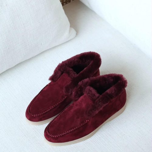 Loro piana open walk fur ankle boots burgundy red
